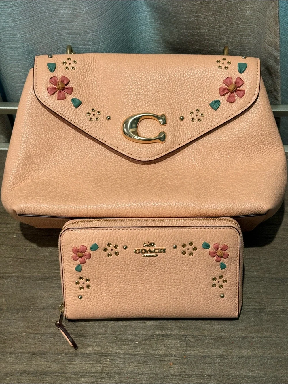 Coach Peach Pink Floral Pebbled Leather Shoulder Bag with Chain Strap
